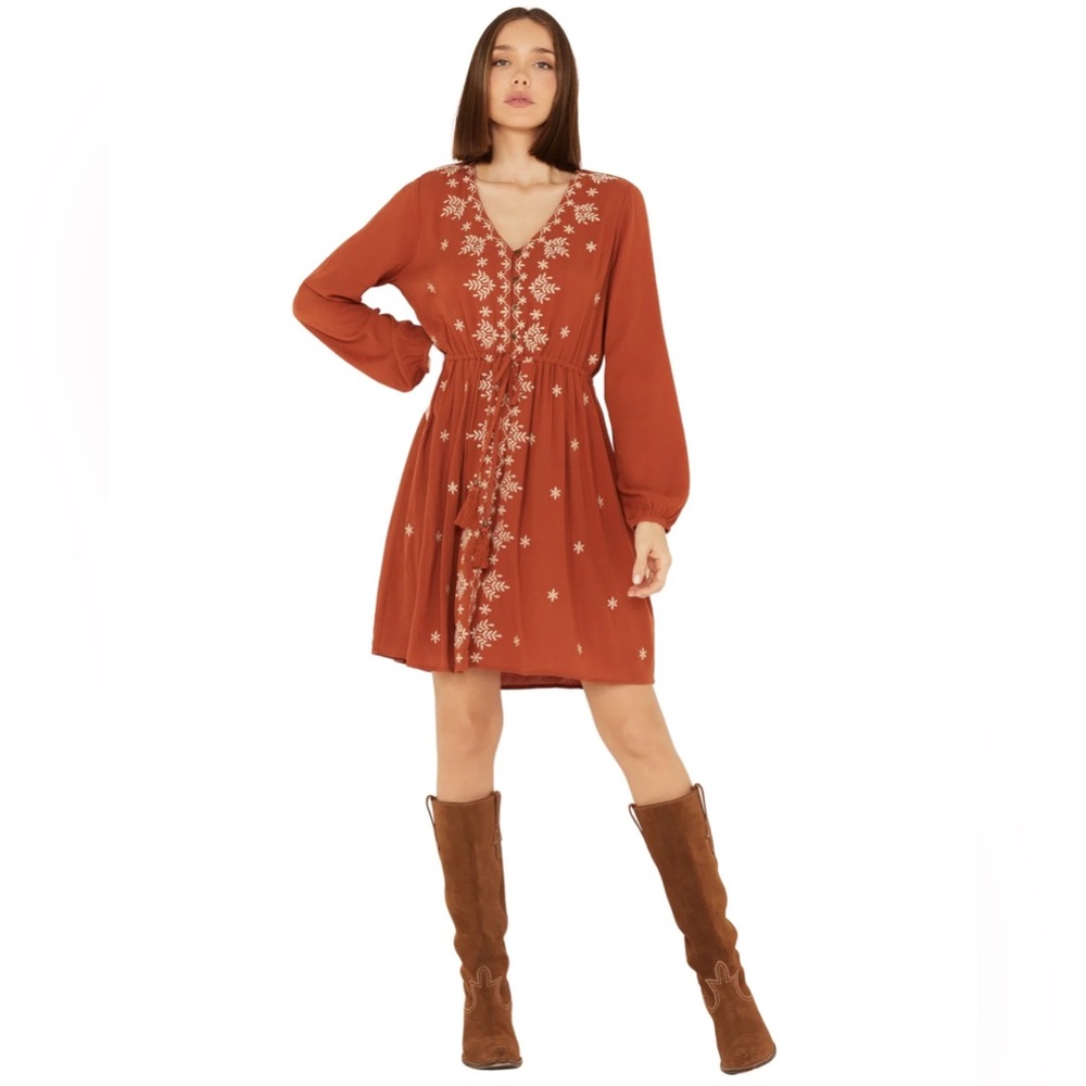 Jolt Embroidered Long Sleeve Dress Rust Copper